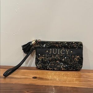 Juicy Couture Black/Gold Sequins Evening Wristlet Clutch Tassels